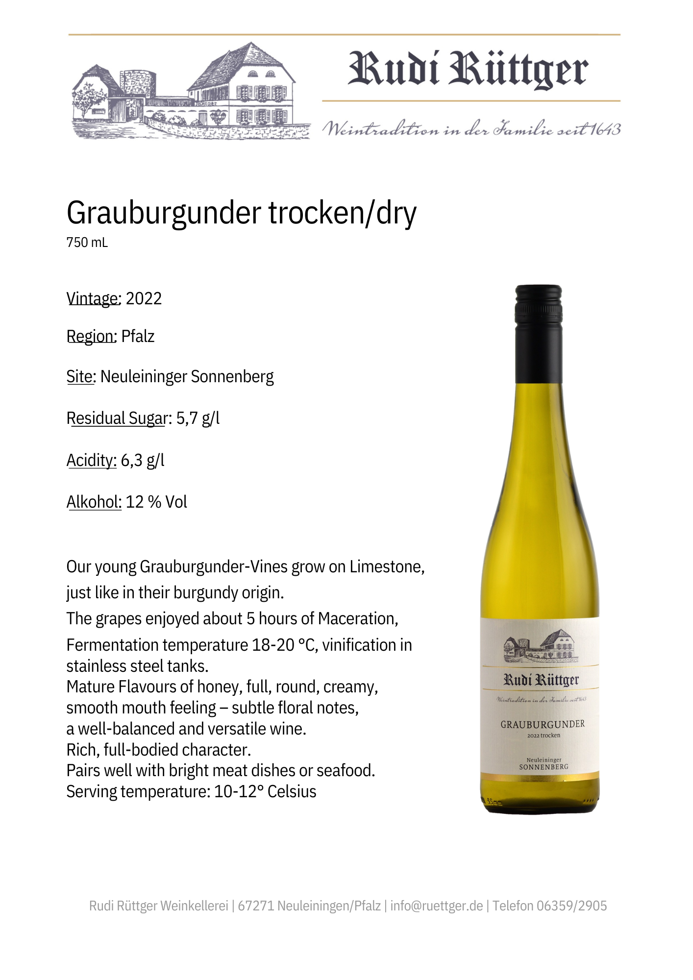 Rudi Rüttger Grauburgunder trocken Pfalz 2022 Pinot Gris