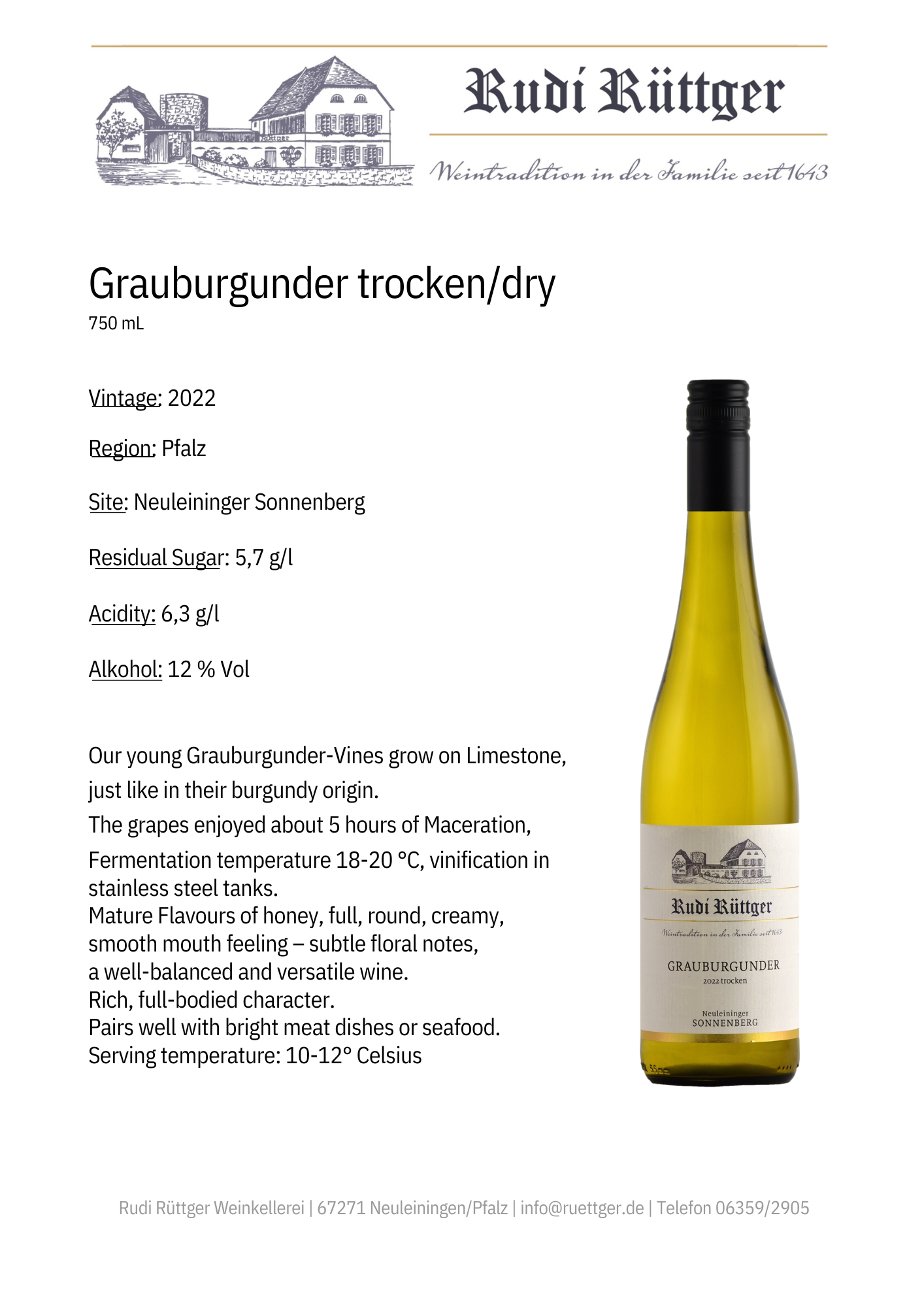 Rudi Rüttger  Grauburgunder trocken Pfalz 2022 Pinot Gris