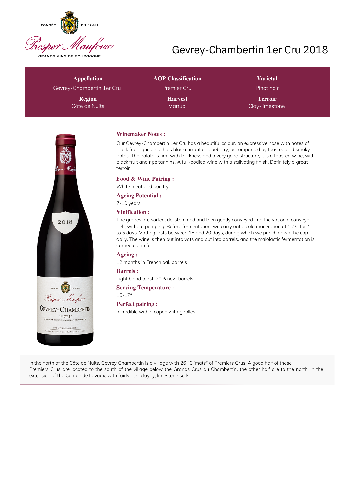 Prosper Maufoux Gevrey Chambertin 1er Cru 2018